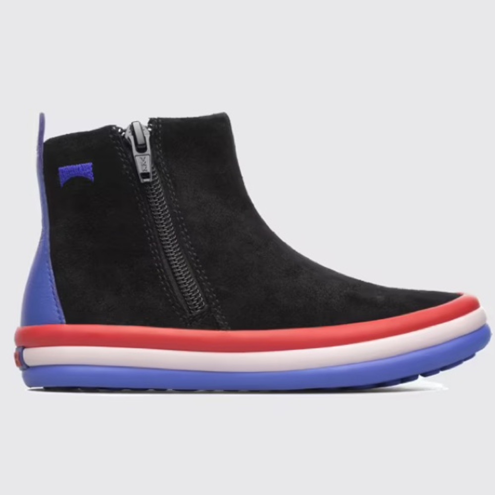 Camper Kids Black Suede Ankle Boots with Red, White & Blue Trim